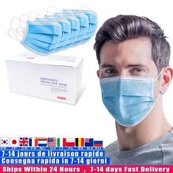 

50Pcs Disposable Face Mask 3 Layer Non-woven Ply Filter Mouth Face Mask Anti-Dust Anti-Fog Meltblown Earloop Mouth Mask