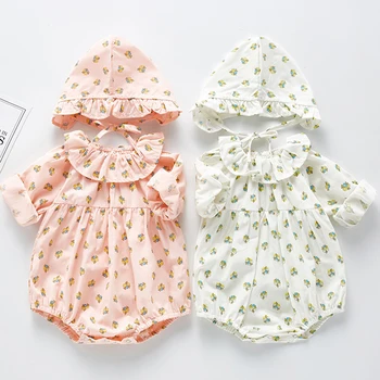 

2020 New Spring Toddler Girl Bodysuits Baby Girls Small Floral Long Sleeve Cotton One-piece Creeper With Hat newborn Jumpsuit