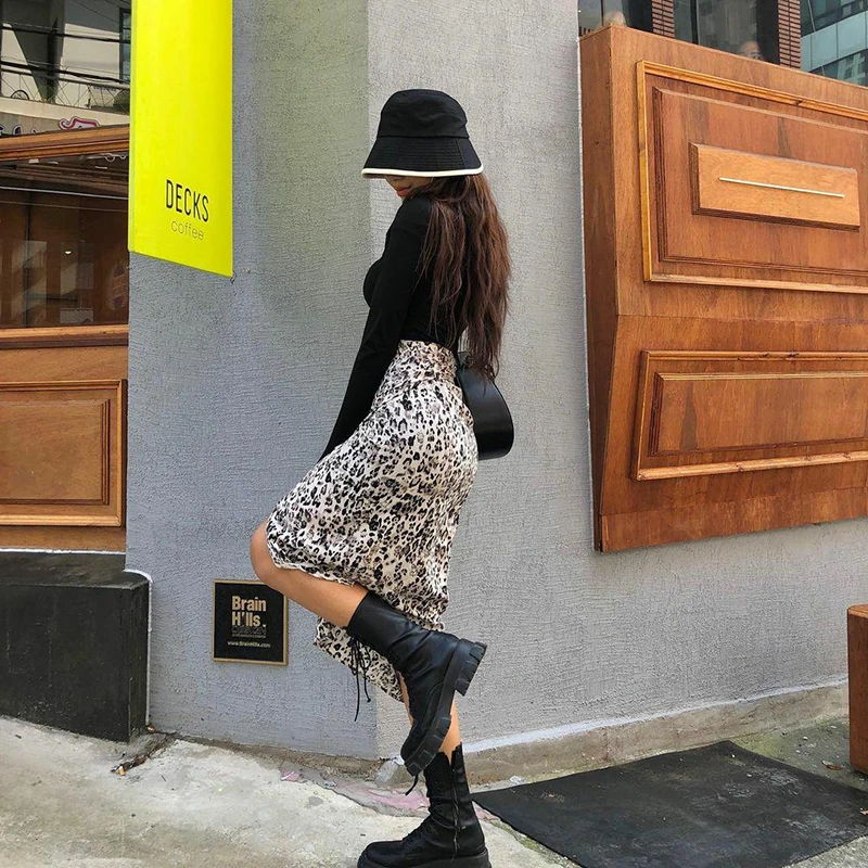 

Beyouare 2020 Autumn Sexy Elegant Leopard Women Skirt High Waist Bandage Slim Split Mid-Calf Skirt Fashion Streetwear Lady Skirt