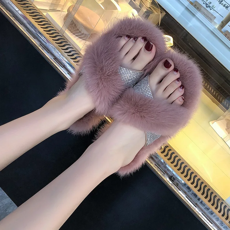 

2019 Autumn New Style Straight Line Furry WOMEN'S Slippers Korean-style Cross Furry Comfortable WOMEN'S Shoes Flat Outer Wear WO