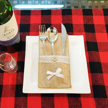 

10 x Burlap Lace Utensil Holders Vintage Cutlery Pouch Knifes Forks Bag for Wedding Bridal Shower Tableware Christmas Party Deco
