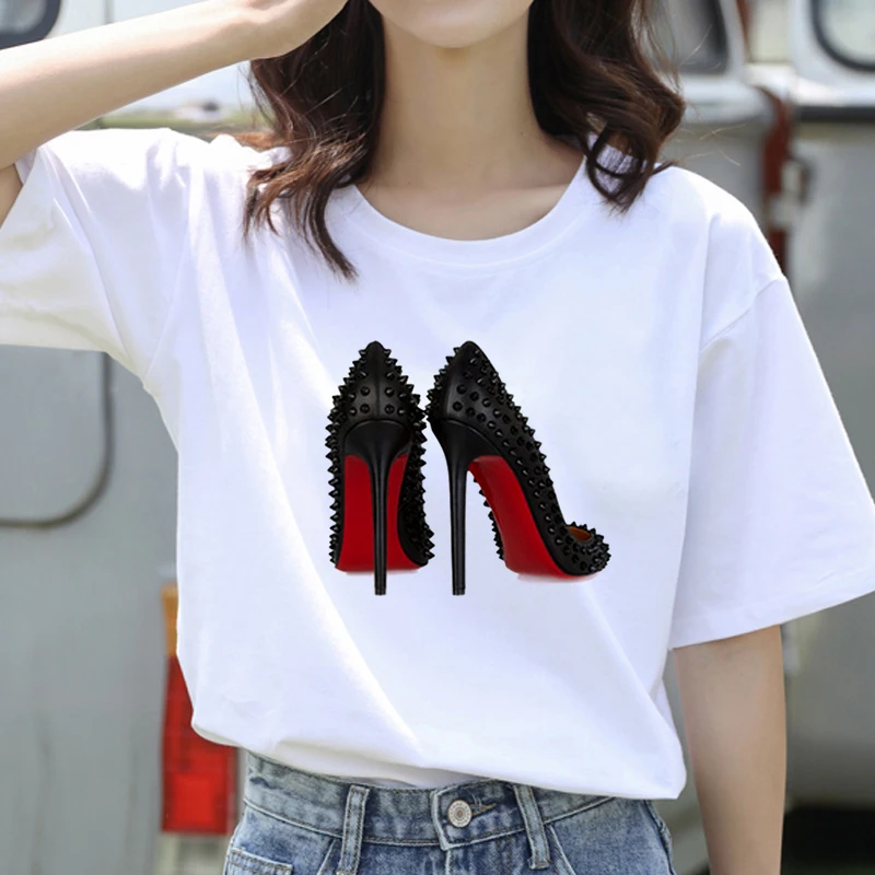 

2020 Summer Women T-shirt red high-heeled Printed Tshirts Casual Tops Tee Harajuku 90s Vintage White tshirt Female Clothing