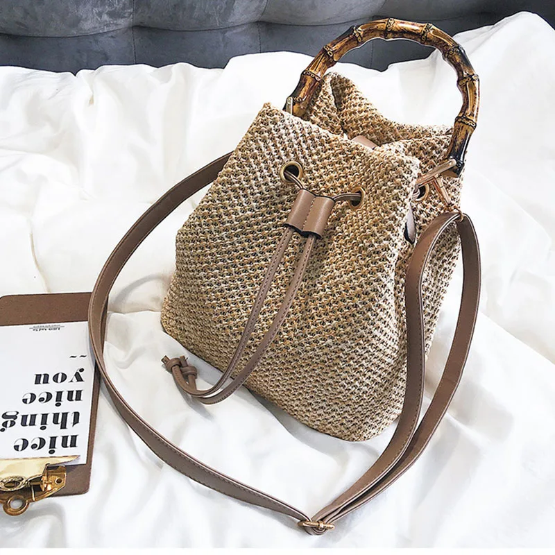 Women Drawstring Straw Bucket Bag Female Summer Handmade Woven Shoulder Messenger Bags Ladies Shopping Purse Beach Bags Handbags