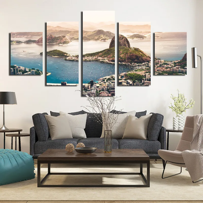 

5 Pieces Of Hills And Lake Houses Natural Landscape Canvas Paintings HD Printing Pictures Living Room Murals Modular Decoration