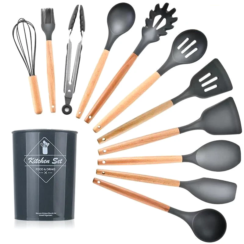 12 pcs black set Кухонная утварь набор силиконовых кухонных инструментов набор бытовой деревянный Koken Gereedschap Met Opbergdoos Turner Tang Spatel Turner - Цвет: 12 pcs black set