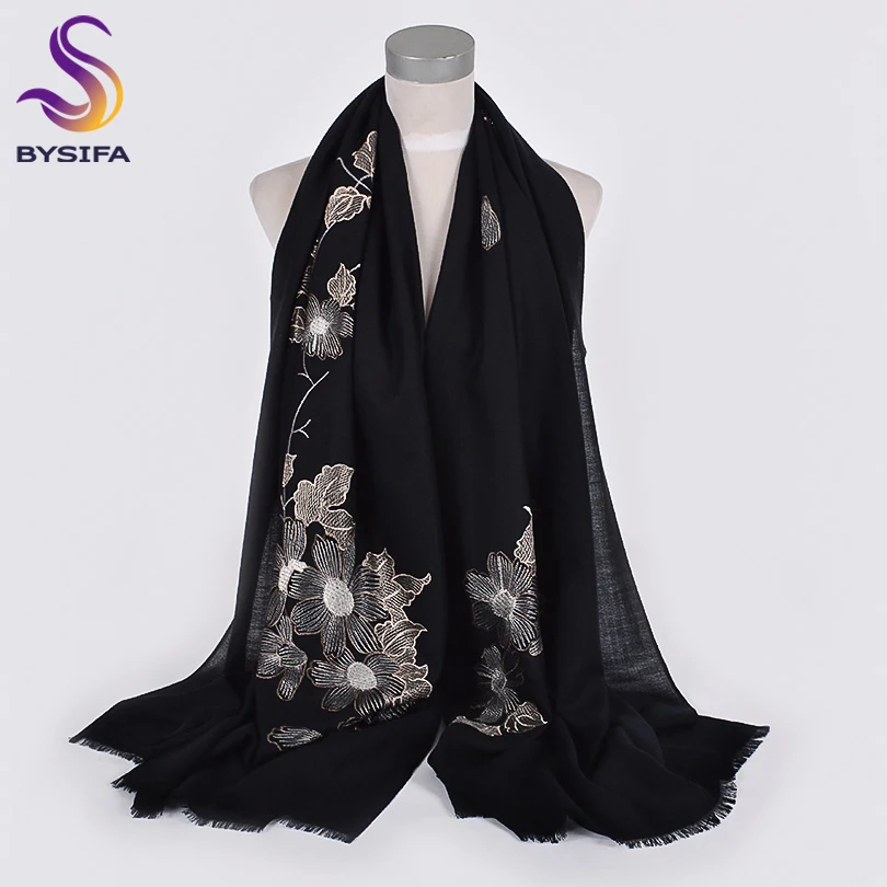 

[BYSIFA] New Women 100% Wool Scarves Shawls Embroidered Fall Winter Solid Black And White Ladies Long Scarves Hijabs Neck Scarf