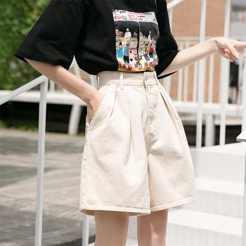 

High Waisted Denim Shorts For Women New Korean Version Loose Pant Jean Women Wide Leg Summer Blue Ladies Jeans Trousers