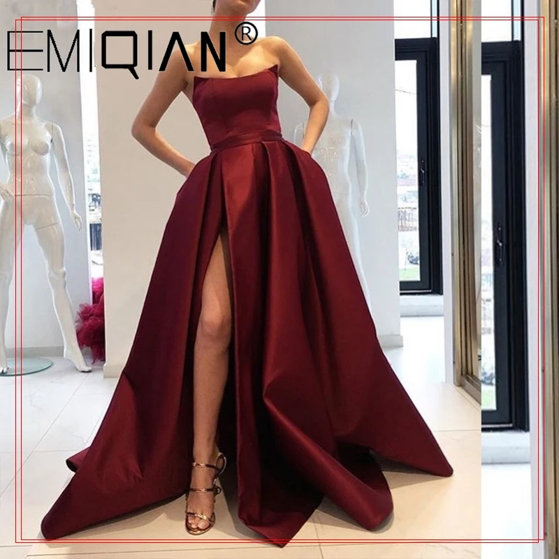 Abiti da ballo bordeaux con tasche fessura laterale senza spalline raso  elegante abiti da sera lunghi da sera abito formale da donna rosso  vino|Prom Dresses| - AliExpress
