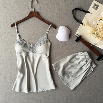 

Top + Shorts Pajamas With Pad Sexy Sleepwear Set Satin Pyjamas Set For Women Lace V-Neck Pyjama Winter Warm Robe Female Cami