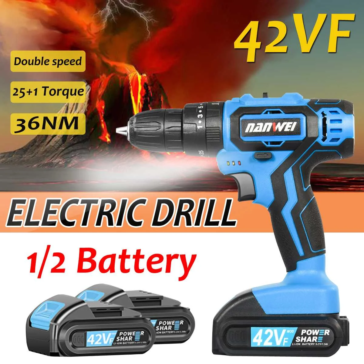 

Cordless Electric Drill 25+1 Torque Rechargeable 42VF 2 Speed Screwdriver Impact Mini Drill Power Tool with 1/2 Lithium Battery