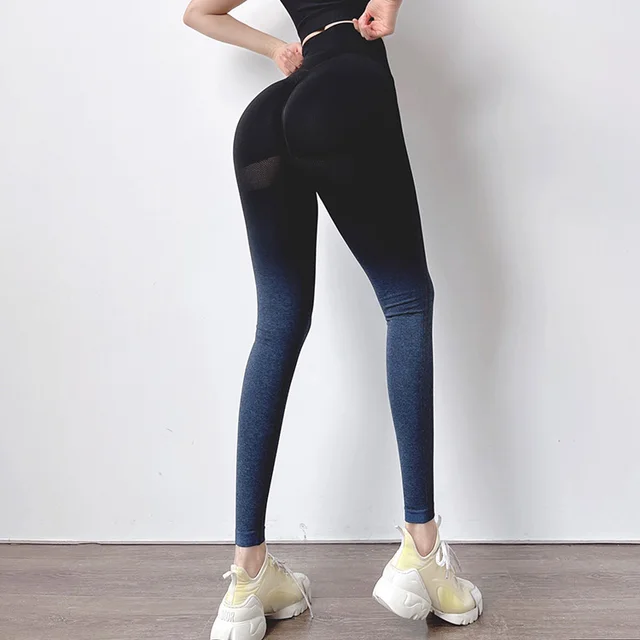 Gradient Color Energy Legging Women Workout Fitness Jogging Running Leggings Gym Tights Stretch Sportswear Yoga Pants blueblack