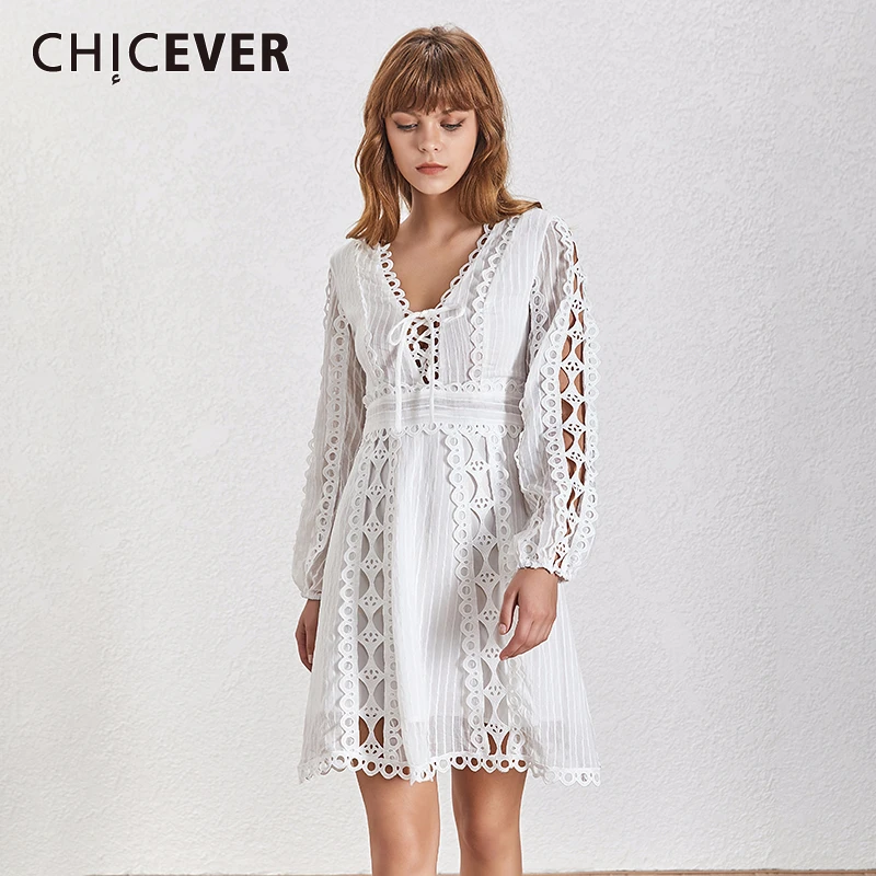 

CHICEVER Elegant Hollow Out Dresses For Women V Neck Lace Up Long Sleeve High Waist Mini Dress Female 2020 Spring Fashion