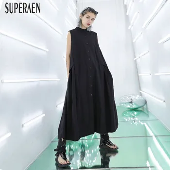 

SuperAen Europe Sleeveless Dress Women 2020 New Summer Cotton Fashion Ladies Dress Pluz Size Stand Collar Women Clothing