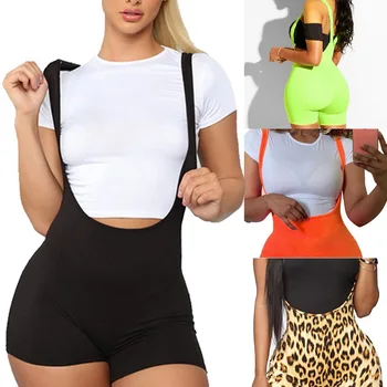 

Fashion Womens Bib Shorts 2020 Summer Casual Solid High Waist Rompers Trousers Sexy Leopard Women Playsuit Sportwear