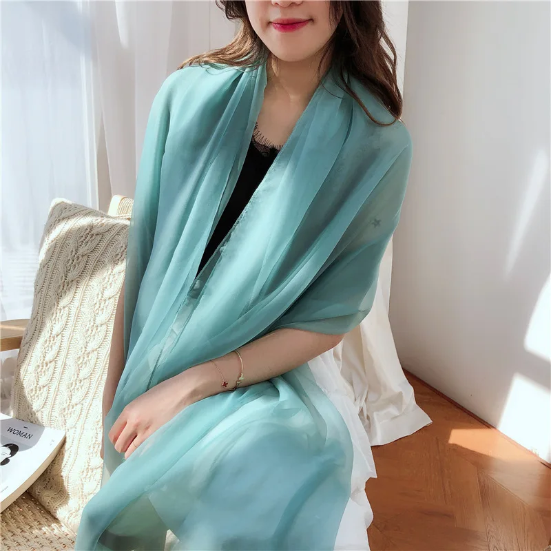 

Korean Version of The Summer Solid Big Silk Scarf Women's Gauze Scarf Shawl Sjaals Voor Dames Foulard En Soie Trending Products