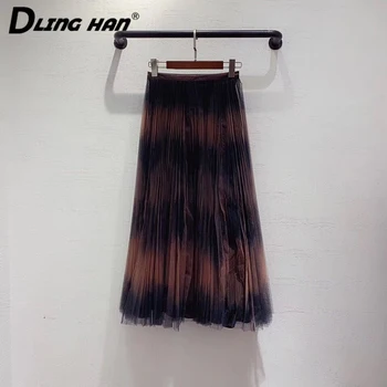 

LINGHAN Fashion Hit color Mesh skirt Women's High quality Pleated Big swing Long skirt + Silk lining Designer Designer New