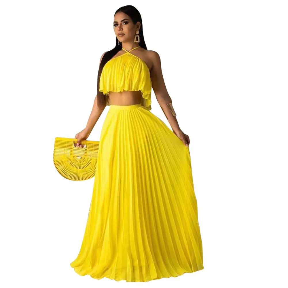 

Nice Chiffon Neon 2 Piece Set Women Festival Off Shoulder Crop Top Pleated Skirt Set Matching Sets Summer Beach Outfit