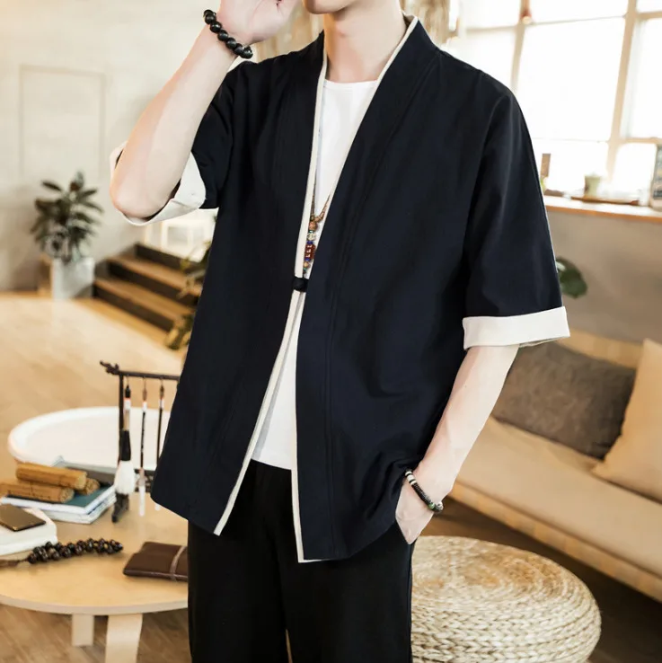 4549 Летняя мужская рубашка с коротким рукавом из хлопка и льна, однотонное цветное кимоно, мужской кардиган в китайском стиле размера плюс, Повседневная винтажная рубашка - Цвет: Черный