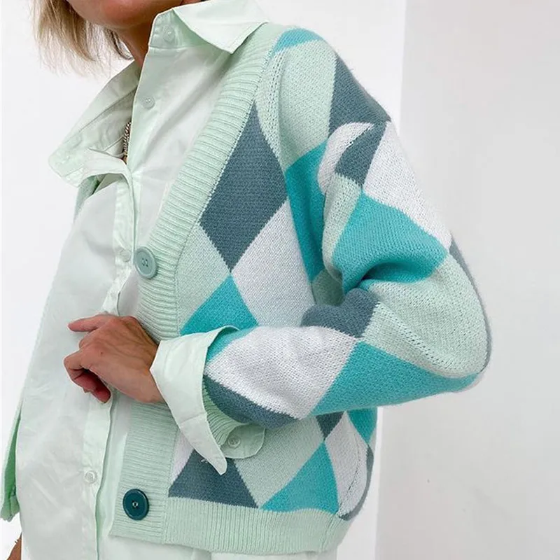 Женский клетчатый свитер с длинным рукавом V-образным вырезом |