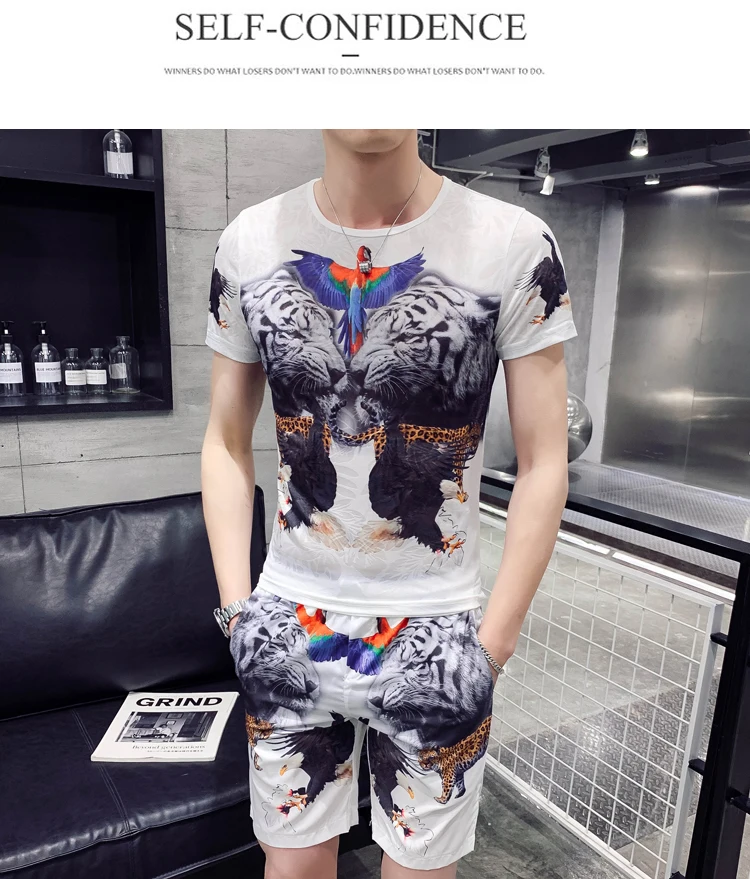 Футболка zomer+ шорты tweedelige Mannen Mode Sportkleding Комплект футболок с принтом Persoonlijkheid Mannen's t-shirt Kleding
