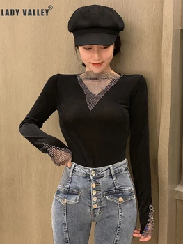 

Heavy Craft Diamond Contrast V-neck Decoration Slim Long Sleeve T-shirt Ladies Spring Stretch Knit Top