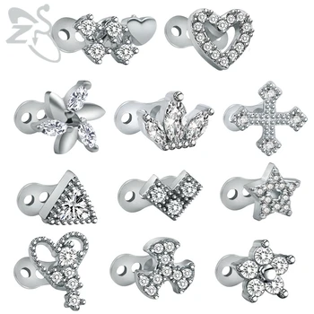 ZS 2Pcs/lot Crystal Heart Crown Dermal Cross Anchor Skin Diver Piercing Stainless Steel Dermal Zirconia Piercing Body Jewelry 1
