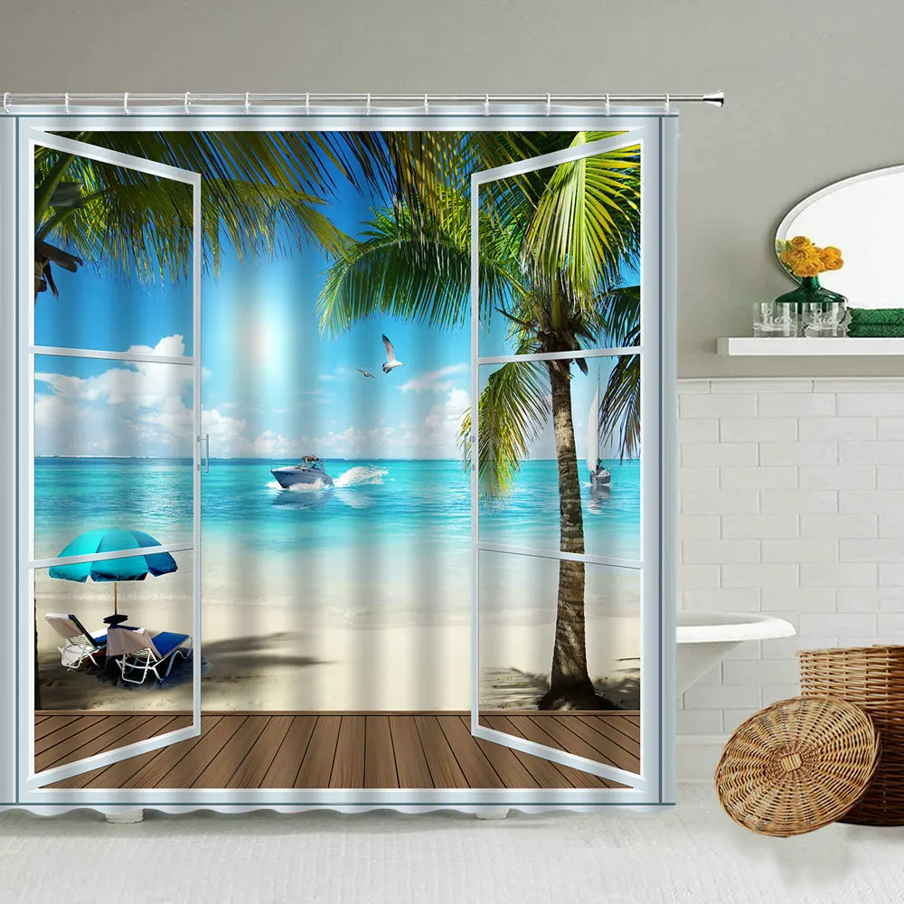 

Window Sea View Sunny Beach Coconut Tree Bathroom Waterproof Shower Curtain Summer Vacation Blue Ocean Nature Photography Screen