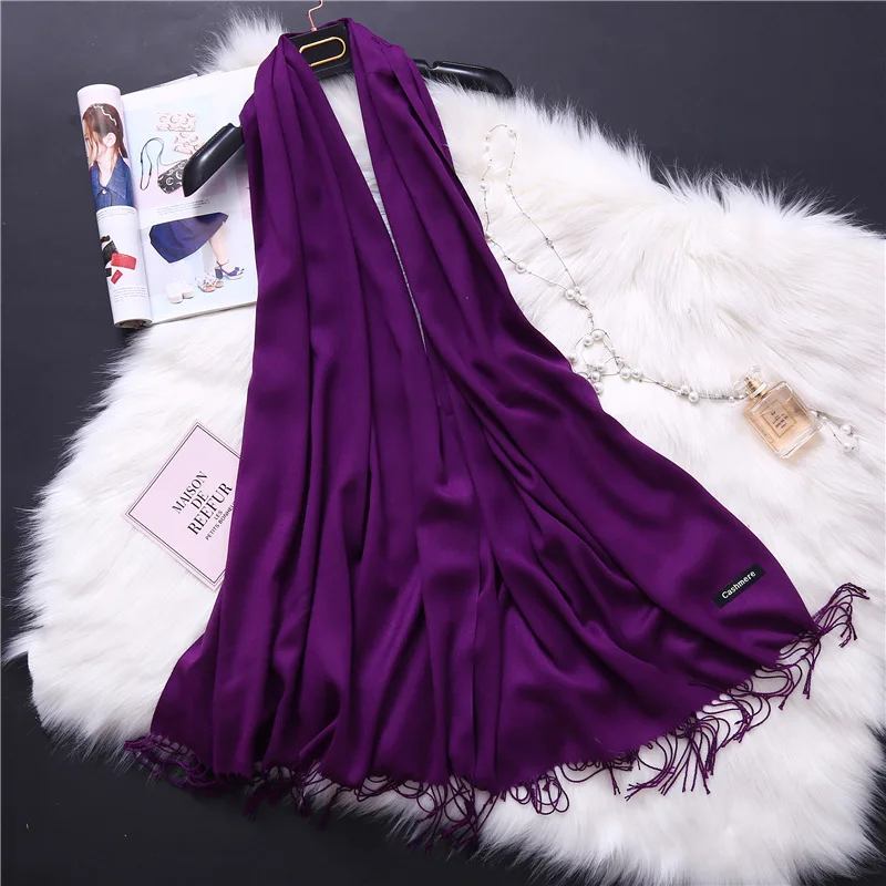 Простой женский шарф с кисточками, однотонный, 38 цветов, повседневные длинные дамские шали, кашемировые Пашмина, хиджаб, зимние теплые шарфы
