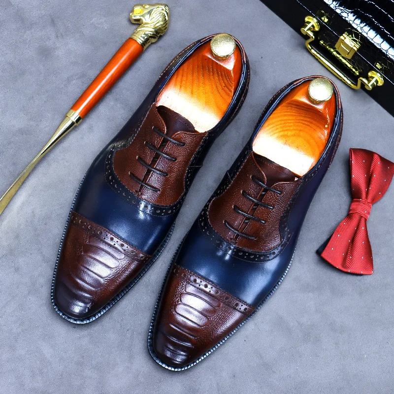 

2021 Spring/Winter Pointed Brogue Leather Shoes Men Wedding Party Cowhide Color Matching Embossed Business Dress Oxfords Shoes