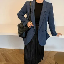 Novo casaco de lã feminino elegante grosso azul terno blazer jaqueta outono inverno senhora do escritório outwear moda feminina senhora escritório