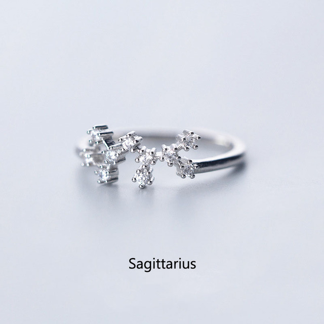 Elegant Zodiac Sign Finger Rings for Women Silver Color Adjustable CZ Zircon Ring 12 Constellation Jewelry Birthday Gift