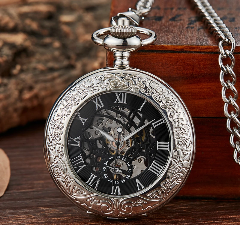 Reloj de bolsillo mecánico para hombre, pulsera de mano con cadena colgante y números romanos, Estilo Vintage, de plata, zakhorloge|Relojes de bolsillo y -