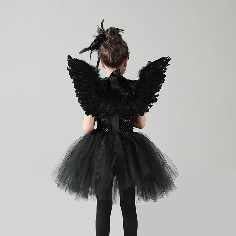 Black Swan Grils Tutu Dress with Feather Wing and Hair Clip Evil Queen Kids Halloween Carnival Party Costume Ballet Tutu Dress (9)