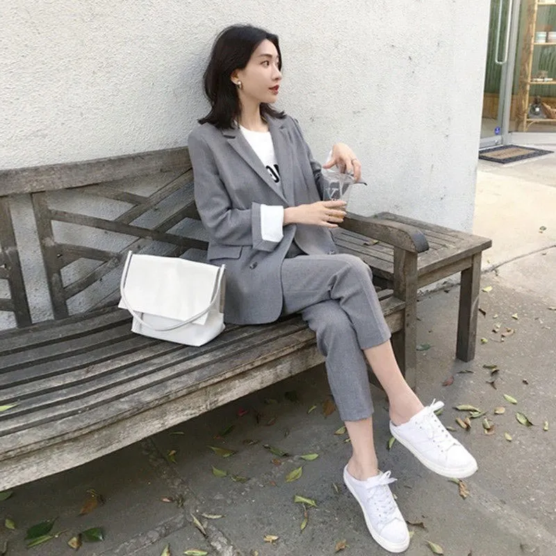 

Work Pant Suits OL 2 Piece Sets Double Breasted Solid Blazer Jacket Zipper Trousers Suit For Women Set Feminino Spring