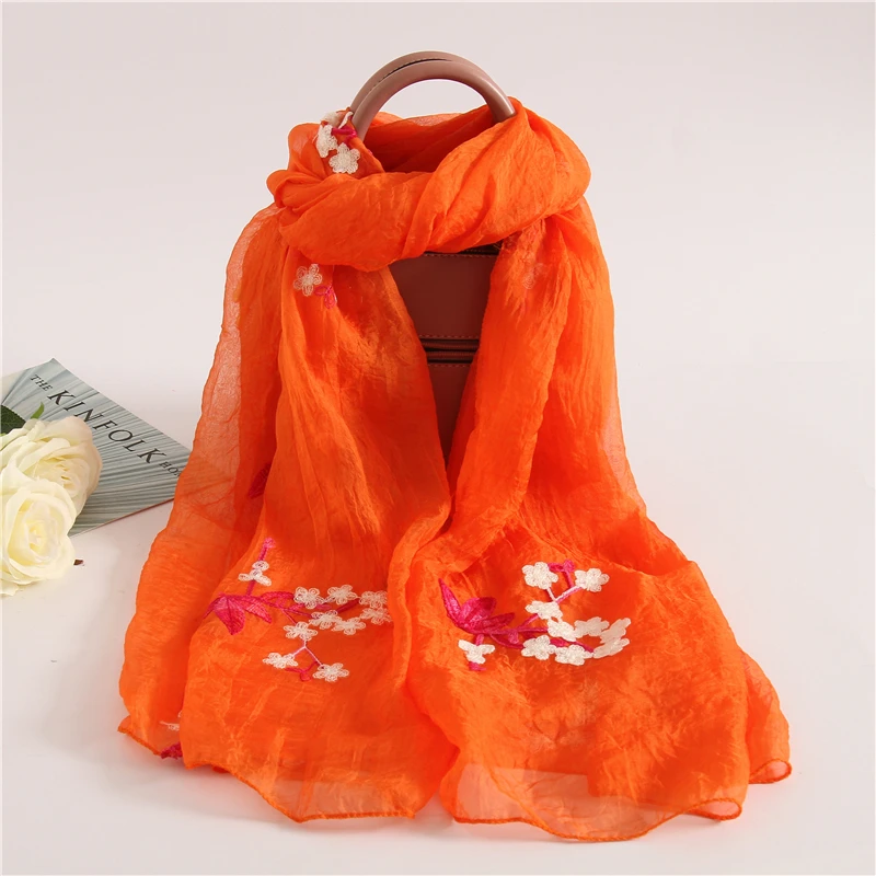 Embroidery Silk Scarves for Women New Fashion Floral Print Shawls and Wraps Thin Long Pashmina Lady Neck Scarf Hijab Femme - Цвет: lanhua 10