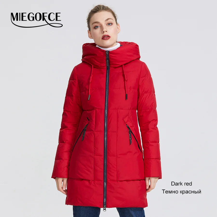 103 Dark Red MIEGOFCE Зимняя женская коллекция женская теплая куртка сделан с настоящего биопуха ветрозащитный стоячий воротник с капюшоном пуховик имеет несколько необычных расцветок двойной карман и срдней длины - Цвет: 103 Dark Red