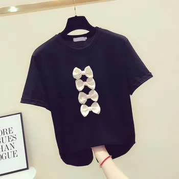 

Black T-shirt Woman 2020 Summer New Korean Sweet Bow Decoration Round Neck Short Sleeve T-shirt Female Casual T Shirts Tees