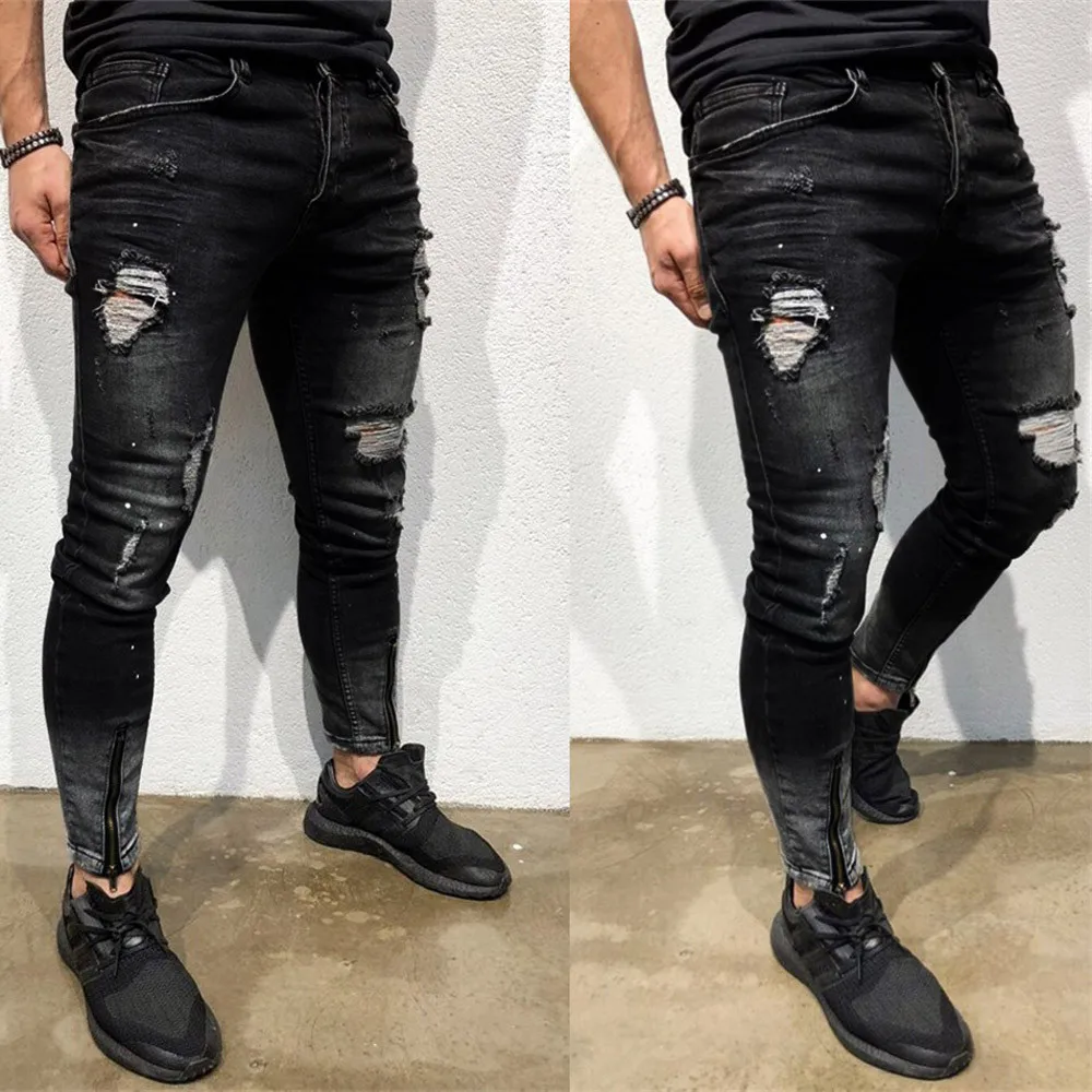 Pantalones vaqueros de diseño chulo para hombre, Jeans de marca negra rasgados, elásticos, desgastados, estilo hip Hop, con agujeros, # f35