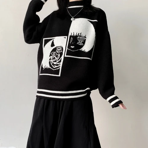 black pullover Woherb/зимняя одежда, водолазка с длинным рукавом, пуловеры с рисунком дьявола, контрастный цвет, свободный свитер для женщин, корейский стиль, новинка 91450 - Цвет: black pullover