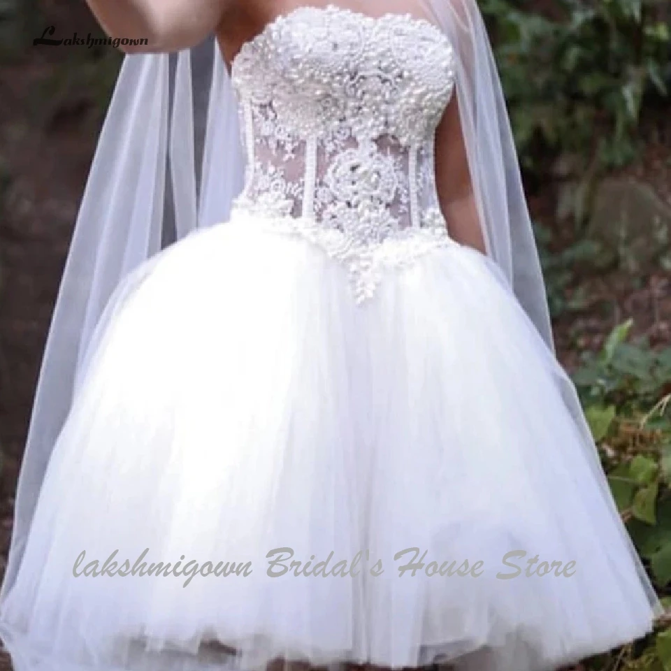 Lakshmigown фантастическое Короткое свадебное платье Vestido Curto без бретелек корсет жемчужные бисерные свадебные платья свадебное платье es