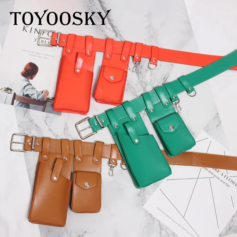 Fashion PU Leather Waist Pack Bag Belt Rectangle Women Leather Waist Pack Square Waist Belt Double Bags Black Green Phone Pocket