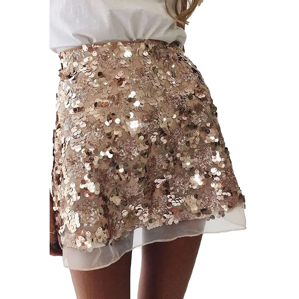 Apricot Skirt SEBOWEL абрикос блестящие женские мини-юбка для вечерние Клубные женские Блестящий глиттер Sequinded Guaze/женские Лоскутные юбки S-XL - Цвет: Apricot Skirt