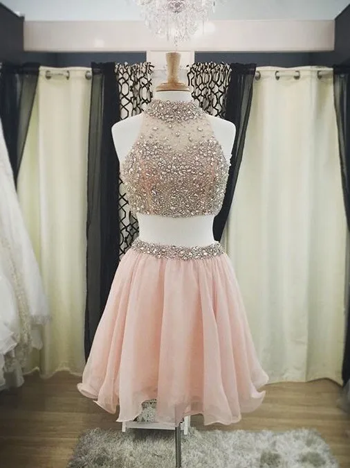 

Short Cocktail Dresses High Neck Beading Two Pieces Prom Formal Dress Women Occasion Hocomcoming Party Dresses Robe De Soiree