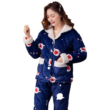 

Women Pajamas Set Winter Big Size M-2XL Warm Clip Cotton Nightwear Long Sleeve Female Sleepwear
