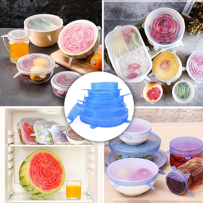 Reusable Silicone Stretch Lids Kitchen Fresh Keeping Covers Compression Universal Silicone Stretch Lids 6/12PCS