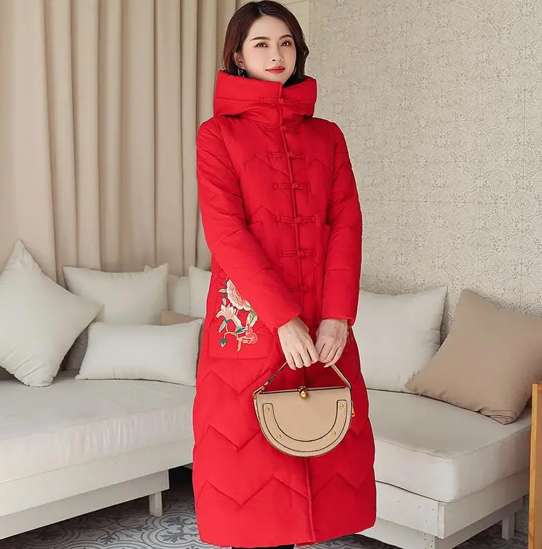 Women Winter jackets coat Casual warm high collar hooded parkas coat flowers floral print winter jacket female outwear coat - Цвет: Красный