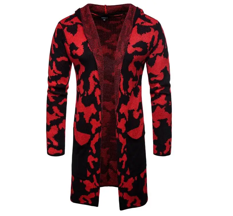 JACKEYWU Casual Men Sweater Fashion Loose Camouflage Cardigan Sweatercoat Slim Knitted Hoodies Men's Hip Hop Streetwear - Цвет: Red Sweater