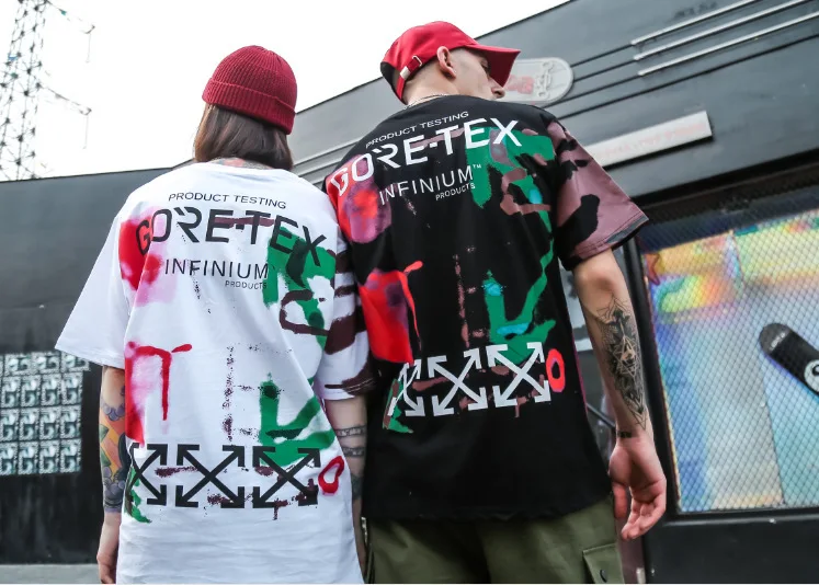 

High Quality Europe And America Popular Brand off White Color Graffiti Couples Short Sleeve T-shirt Hair
