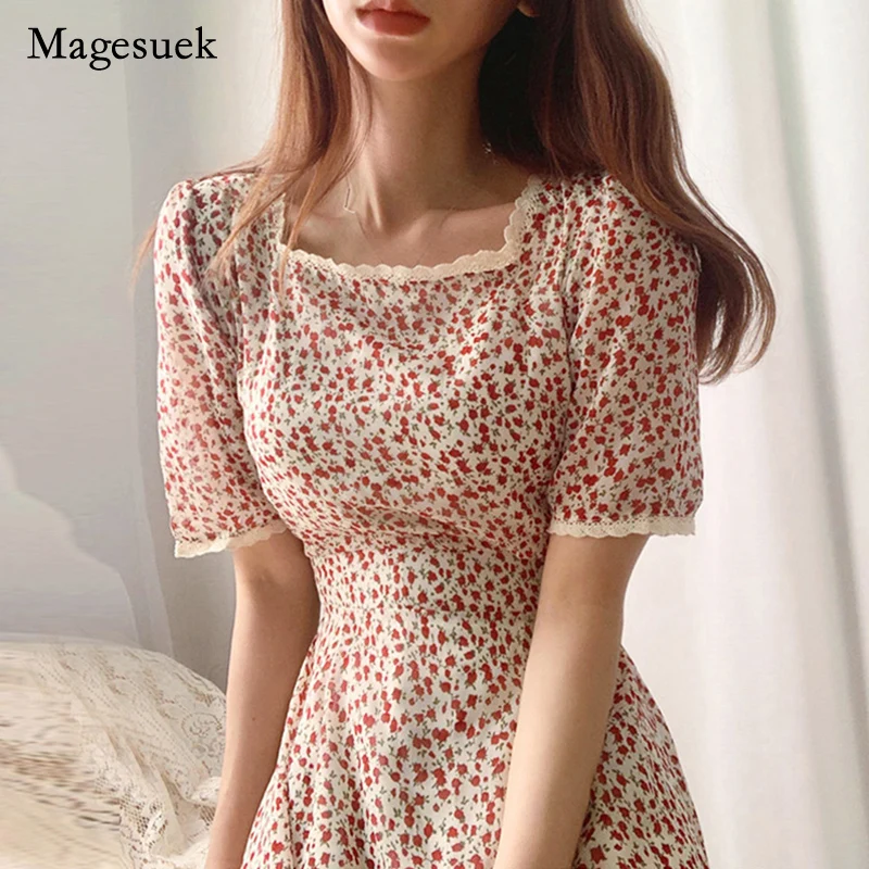 Vestido de verano de encaje Floral, cuello cuadrado, Vintage, elegante, de cintura alta, largo, 14391