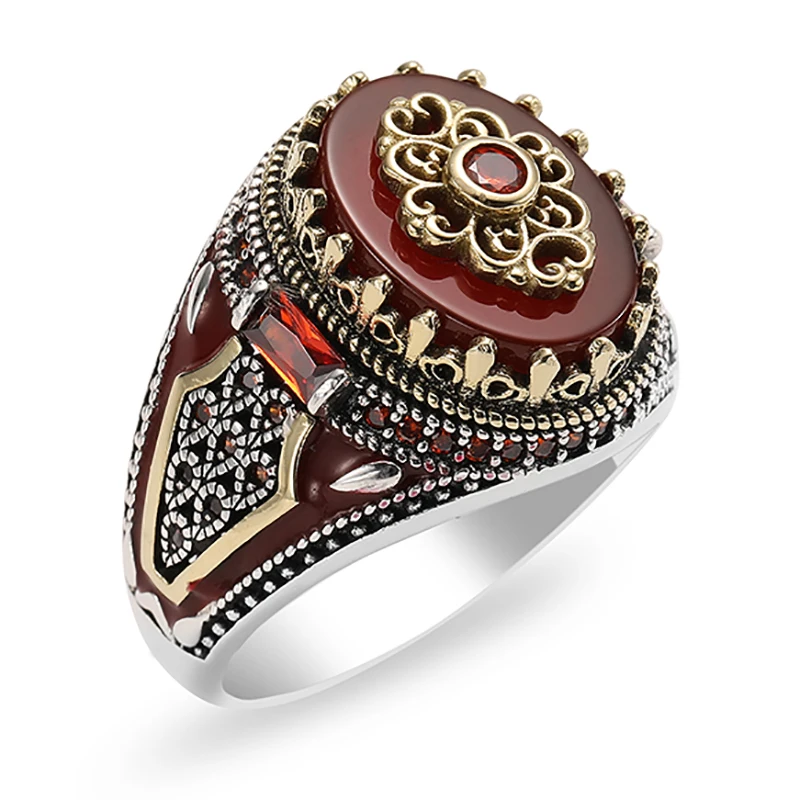 Retro Luxury Natural Red Stone Turkish Handmade Crown Ring Is Suitable for Men and Women Fashion Trend Banquet Jewelry Gifts